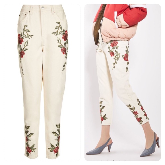 NWT! Topshop Rose Embroidered Mom Jean